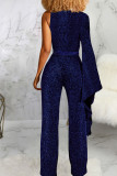 Blue Sexy Solid V Neck Straight Jumpsuits