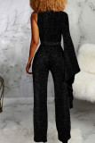 Gold Sexy Solid V Neck Straight Jumpsuits