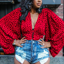 Rot Blau Grün Braun V-Ausschnitt Langarm Leopard Patchwork Print Tops