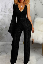 Black Sexy Solid V Neck Straight Jumpsuits