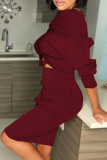 Wine Red Sexy Solid Patchwork Bateau Neck Long Sleeve Two Pieces