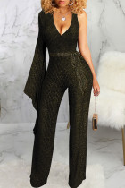 Gold Sexy Solid V Neck Straight Jumpsuits