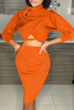 Orange Sexy Solid Patchwork Bateau Neck Long Sleeve Two Pieces