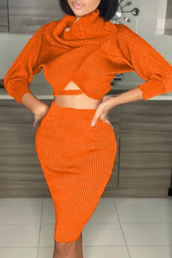 Oranje sexy effen patchwork bateau-hals lange mouw twee stukken