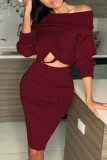 Black Sexy Solid Patchwork Bateau Neck Long Sleeve Two Pieces