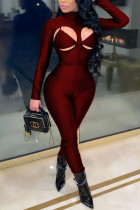 Винно-красный сексуальный сплошной выдолбленный воротник-стойка с длинным рукавом из двух частей