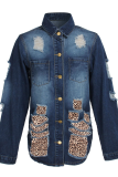 Глубокий синий повседневный леопардовый рваный отложной воротник с длинным рукавом из прямой джинсовой ткани