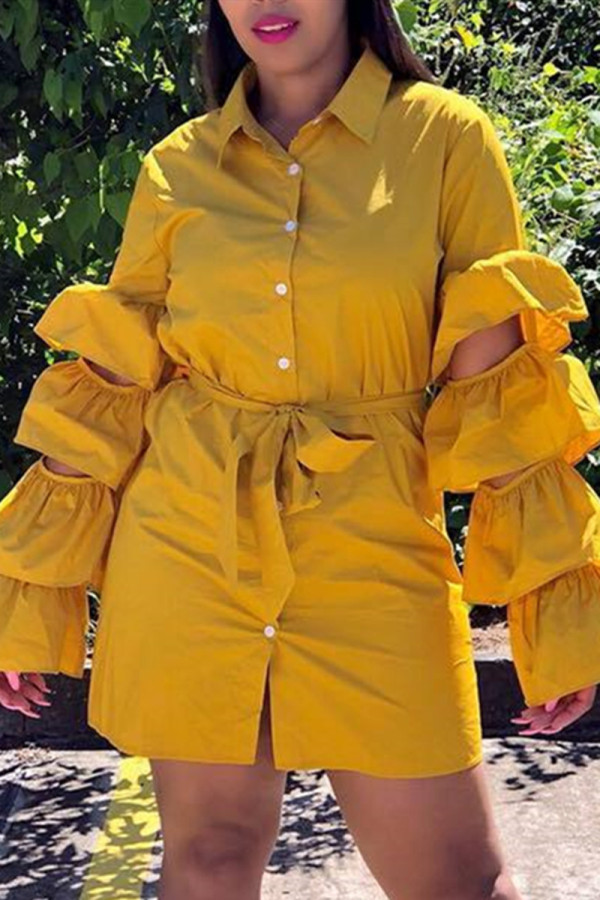 Yellow Fashion Casual Solid Patchwork Turndown Collar Shirt Dress