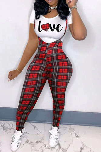 Black Red Fashion Casual Letter Plaid Print Basic O Neck Short Sleeve Two Pieces