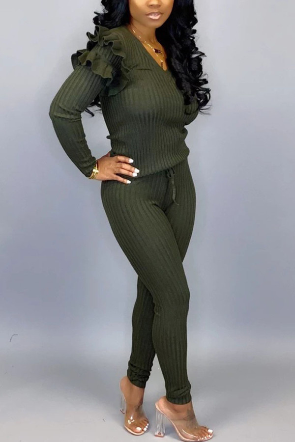 Army Green Street Solid O Neck Long Sleeve Two Pieces