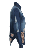 Голубой повседневный рваный отложной воротник с леопардовым принтом и длинным рукавом из прямой джинсовой ткани