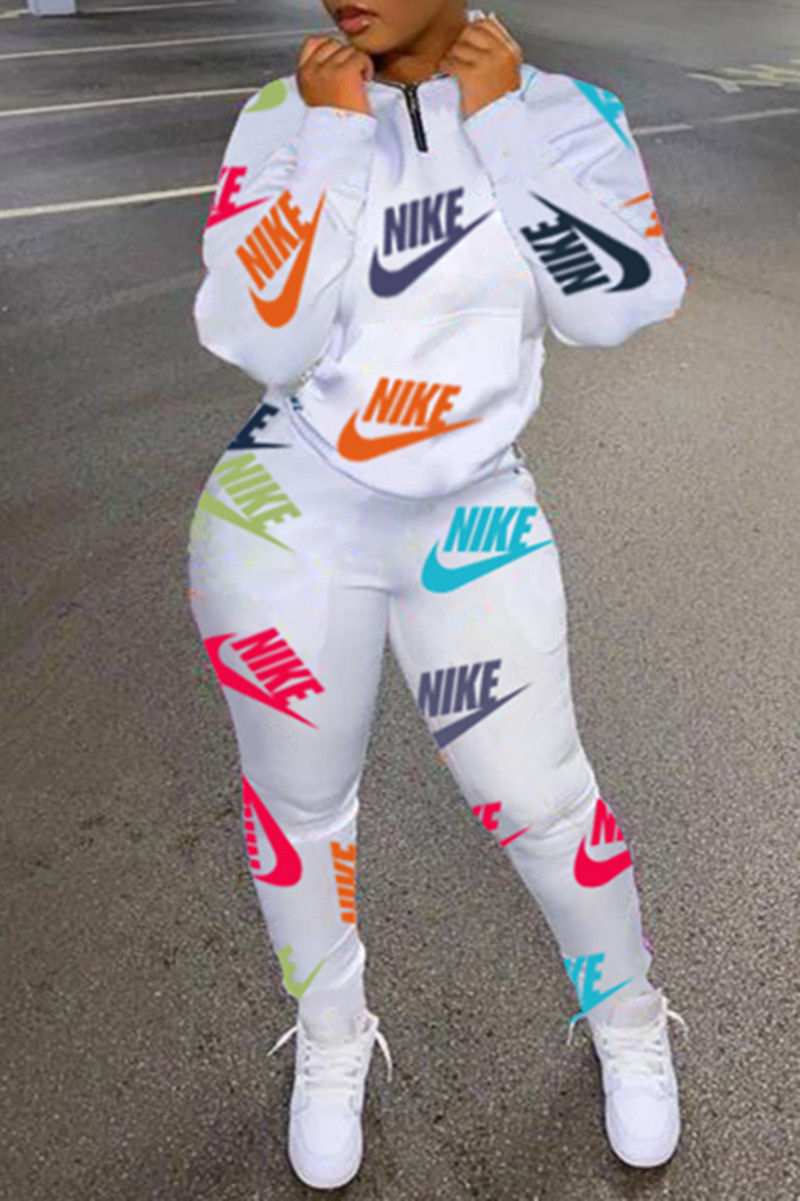 

White Fashion Casual Letter Print Basic Hooded Collar Long Sleeve Two Pieces