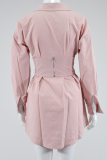 Pink Sexy Solid Patchwork Turndown Collar Waist Skirt Dresses