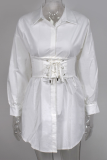 ホワイト セクシー ソリッド パッチワーク ターンダウン カラー ウエスト スカート ドレス