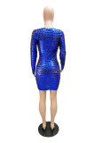 Color Blue Sexy Solid Hollowed Out Patchwork O Neck Pencil Skirt Dresses