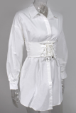 Vestidos de falda de cintura con cuello vuelto de patchwork sólido sexy blanco