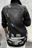 Black Casual Patchwork Turndown Collar Long Sleeve Regular Ripped Denim Jackets