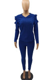 Royal Blue Street Solid O Neck Long Sleeve Two Pieces