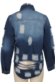 Deep Blue Casual Patchwork Turndown Collar Long Sleeve Regular Ripped Denim Jackets
