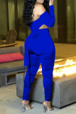 Blue Sexy Solid Patchwork Bateau Neck Two Pieces