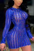 Цвет синий сексуальный однотонный выдалбливают лоскутное платье-юбка-карандаш с круглым вырезом