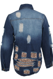 Глубокий синий повседневный леопардовый рваный отложной воротник с длинным рукавом из прямой джинсовой ткани