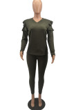 Army Green Street Solid O Neck Long Sleeve Two Pieces