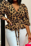 Brownness Fashion Casual Leopard Printing V Neck Plus Size Tops