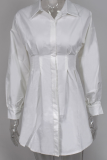 White Sexy Solid Patchwork Turndown Collar Waist Skirt Dresses