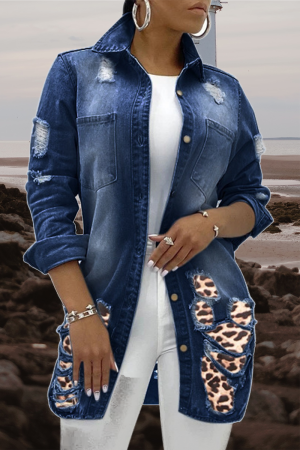 Deep Blue Casual Leopard Turndown Collar Long Sleeve Straight Ripped Denim Jackets