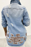 Deep Blue Casual Leopard Turndown Collar Long Sleeve Straight Ripped Denim Jackets