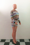 Multicolor Casual Striped Patchwork O Neck Long Sleeve Two Pieces
