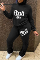 Black Casual Letter Fold Hooded Collar Long Sleeve Two Pieces
