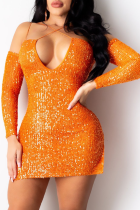 Orange sexiga solida paljetter V-hals omslagna kjolklänningar