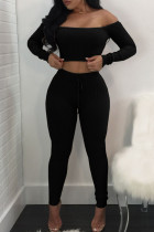 Schwarzer Sportswear-Zweiteiler mit einfarbigem Patchwork und Bateau-Ausschnitt und langen Ärmeln