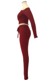Винно-красная спортивная одежда Однотонный пэчворк с вырезом «лодочка» и длинными рукавами из двух частей
