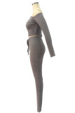 Grey Sportswear Solid Patchwork Bateau Neck Long Sleeve Two Pieces