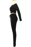 Black Sportswear Solid Patchwork Bateau Neck Long Sleeve Two Pieces