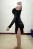 Черные сексуальные однотонные платья-юбки с блестками и V-образным вырезом
