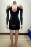 Svarta sexiga solida paljetter V-hals omslagna kjolklänningar