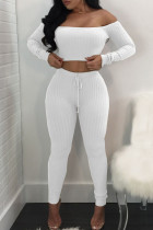 Weißer Sportswear-Zweiteiler mit einfarbigem Patchwork und Bateau-Ausschnitt und langen Ärmeln