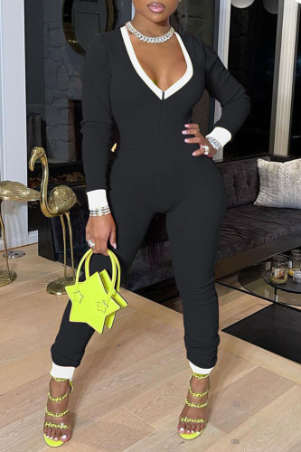 Black Sexy Solid Patchwork V Neck Regular Jumpsuits