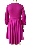 Fuchsia Fashion Sexy Plus Size festes asymmetrisches V-Ausschnitt unregelmäßiges Kleid