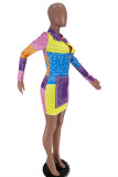 Многоцветные модные повседневные платья с принтом и воротником-молнией с длинным рукавом