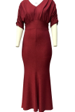 Red Sexy Solid Patchwork V Neck Evening Dress Plus Size 