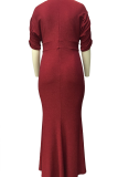 Red Sexy Solid Patchwork V Neck Evening Dress Plus Size 