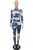 Blue Casual Print Patchwork O Neck Skinny Jumpsuits