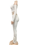 White Sexy Solid Bandage Patchwork Fold Bateau Neck Long Sleeve Two Pieces