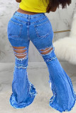 Jeans regular azul sexy botões rasgados cintura alta