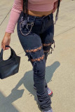 Schwarzer, einfarbiger, zerrissener Bandage-Jeansstoff mit hoher Taille und Knöpfen in normaler Passform